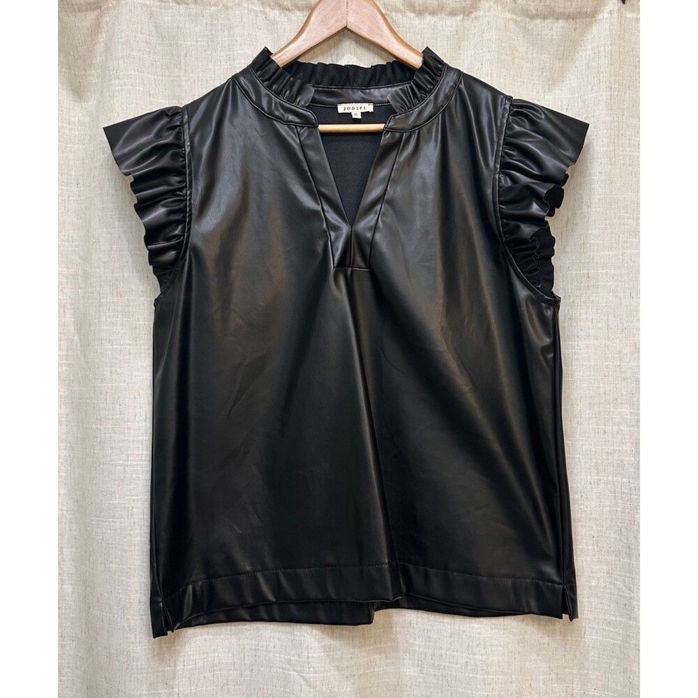 Jodifl Black Vegan Leather Ruffle Sleeve Top Size XL EUC Edgy Concert Outfit